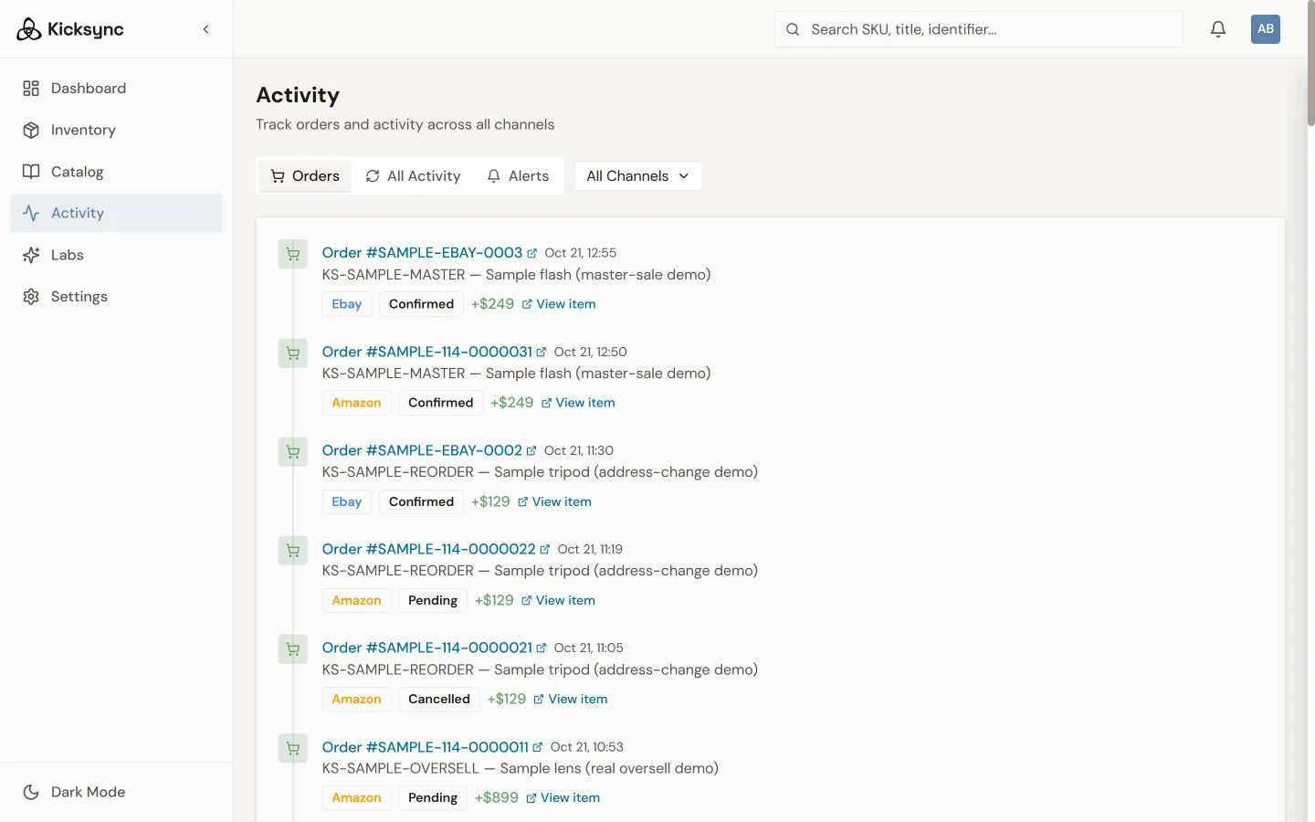 Orders from Amazon and eBay in KickSync