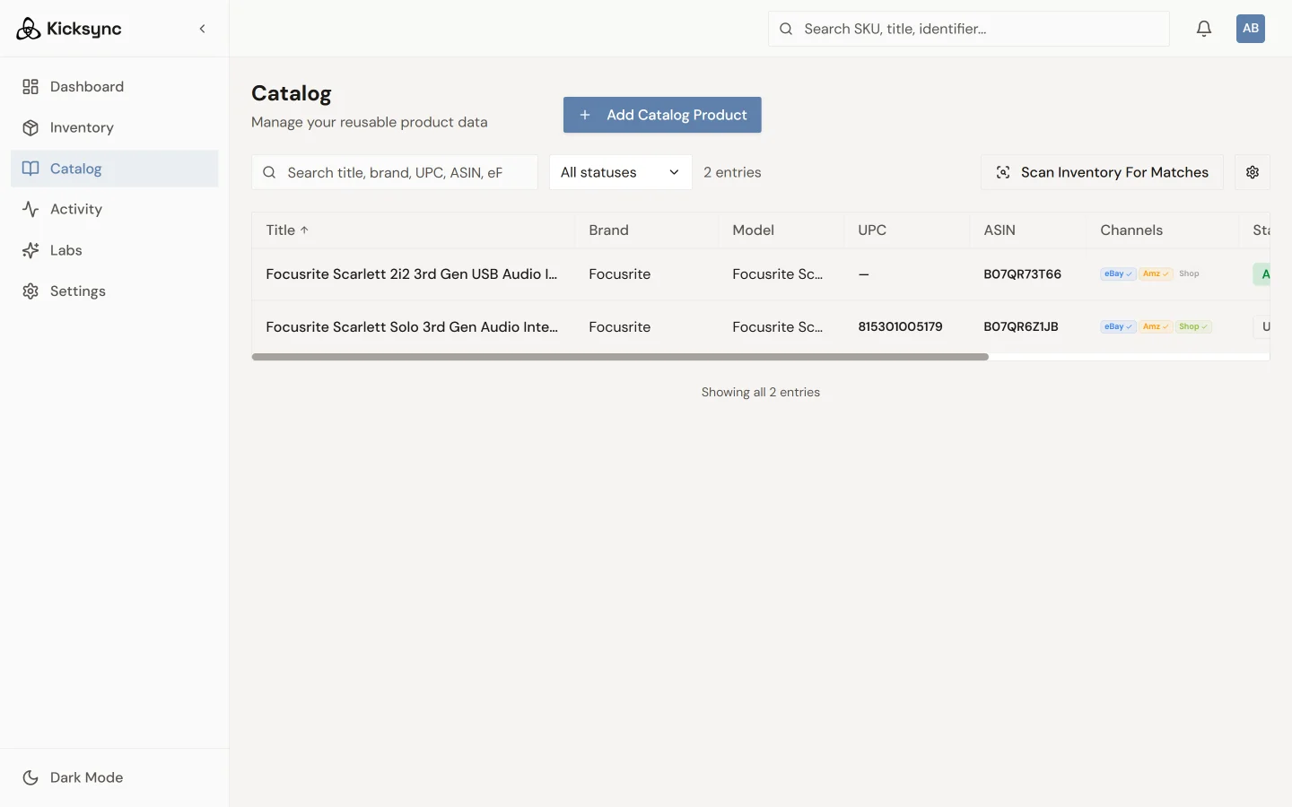 Catalog products matched to Amazon ASINs