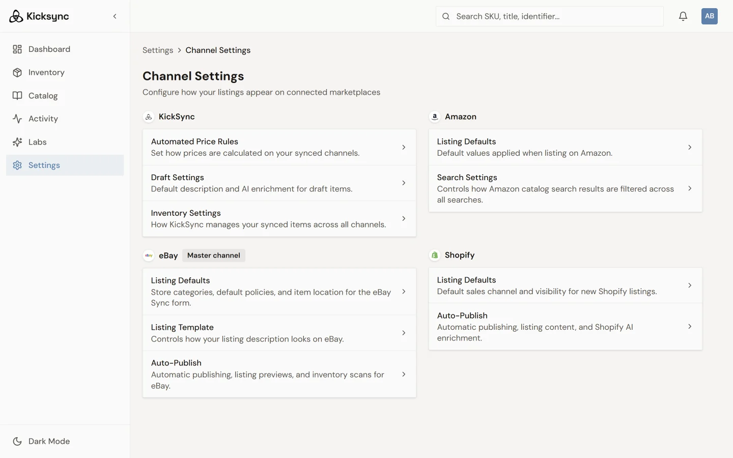 KickSync channel settings, with eBay as the master channel and Amazon and Shopify alongside