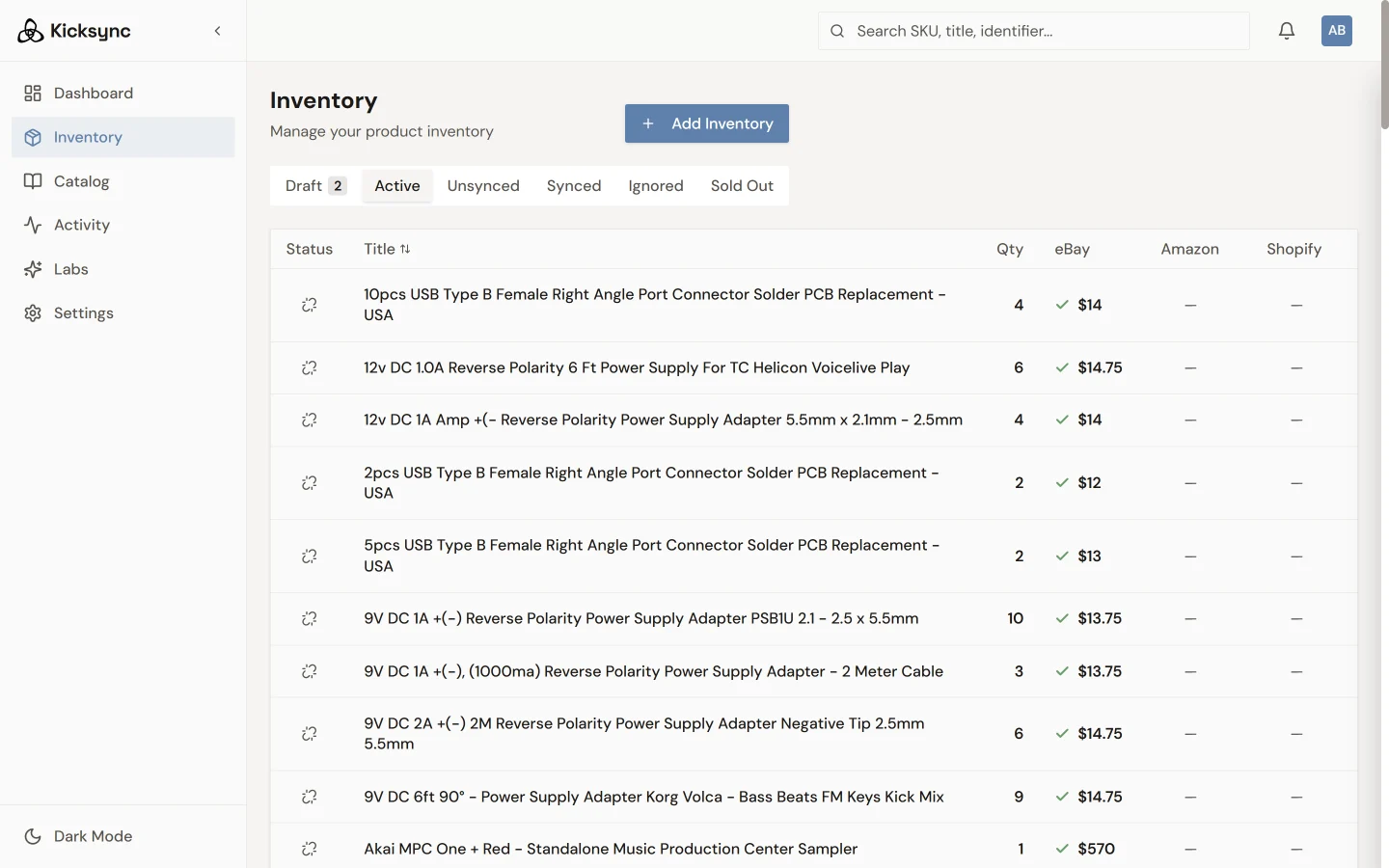KickSync inventory with eBay, Amazon, and Shopify columns