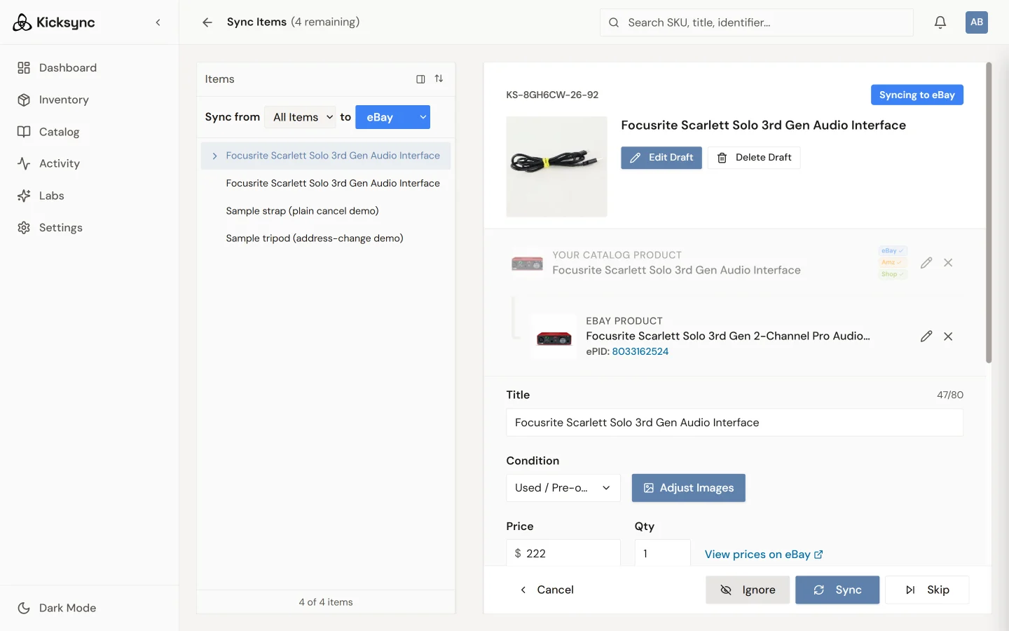 An item waiting to sync in KickSync's workflow